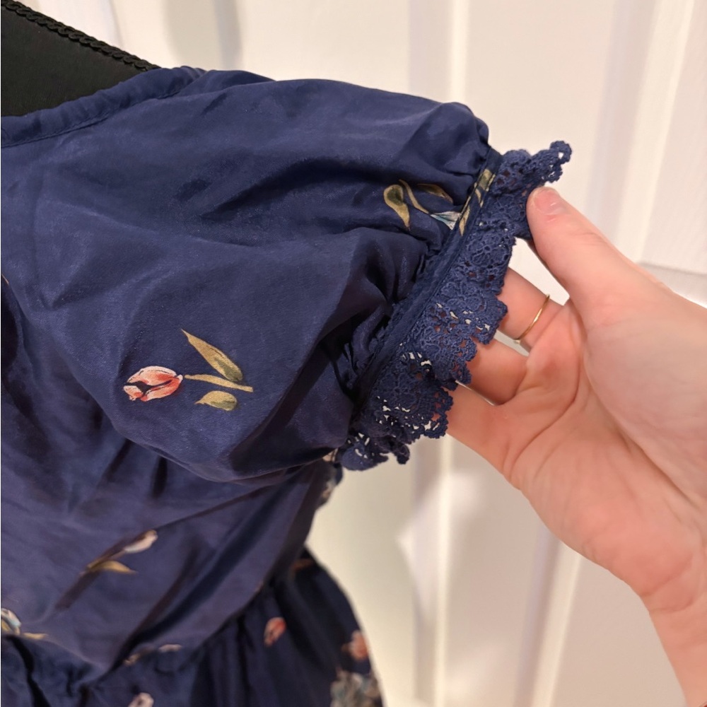 Johnny Was Floral Navy Blue Silk Dress Small - Picture 5 of 7
